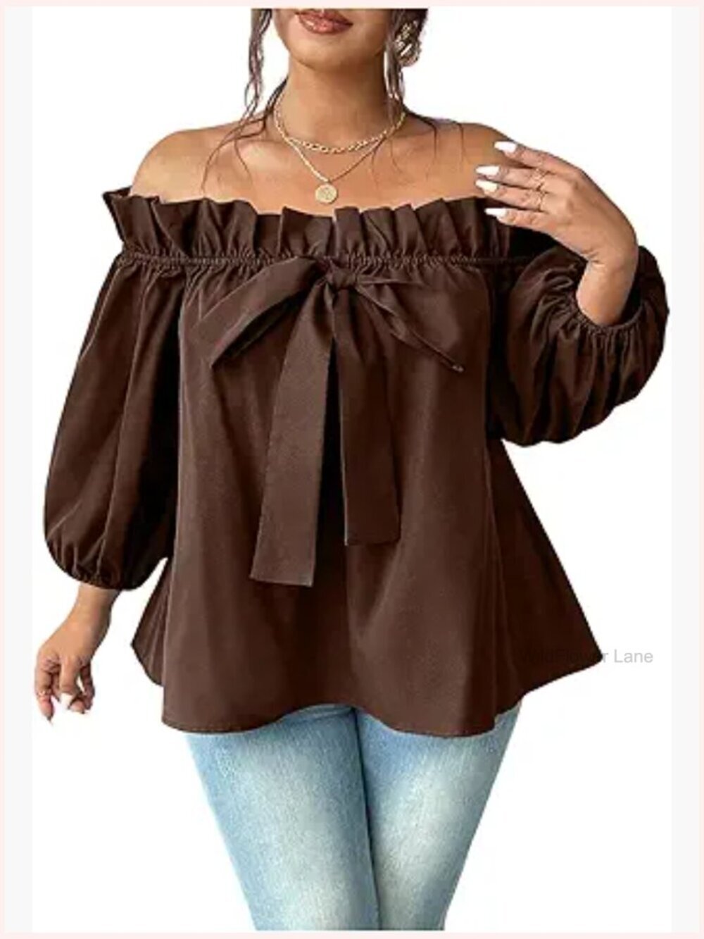 Plus Size Off Shoulder Blouse Bow Lantern Sleeve Frill Trim Flared Shirt Top